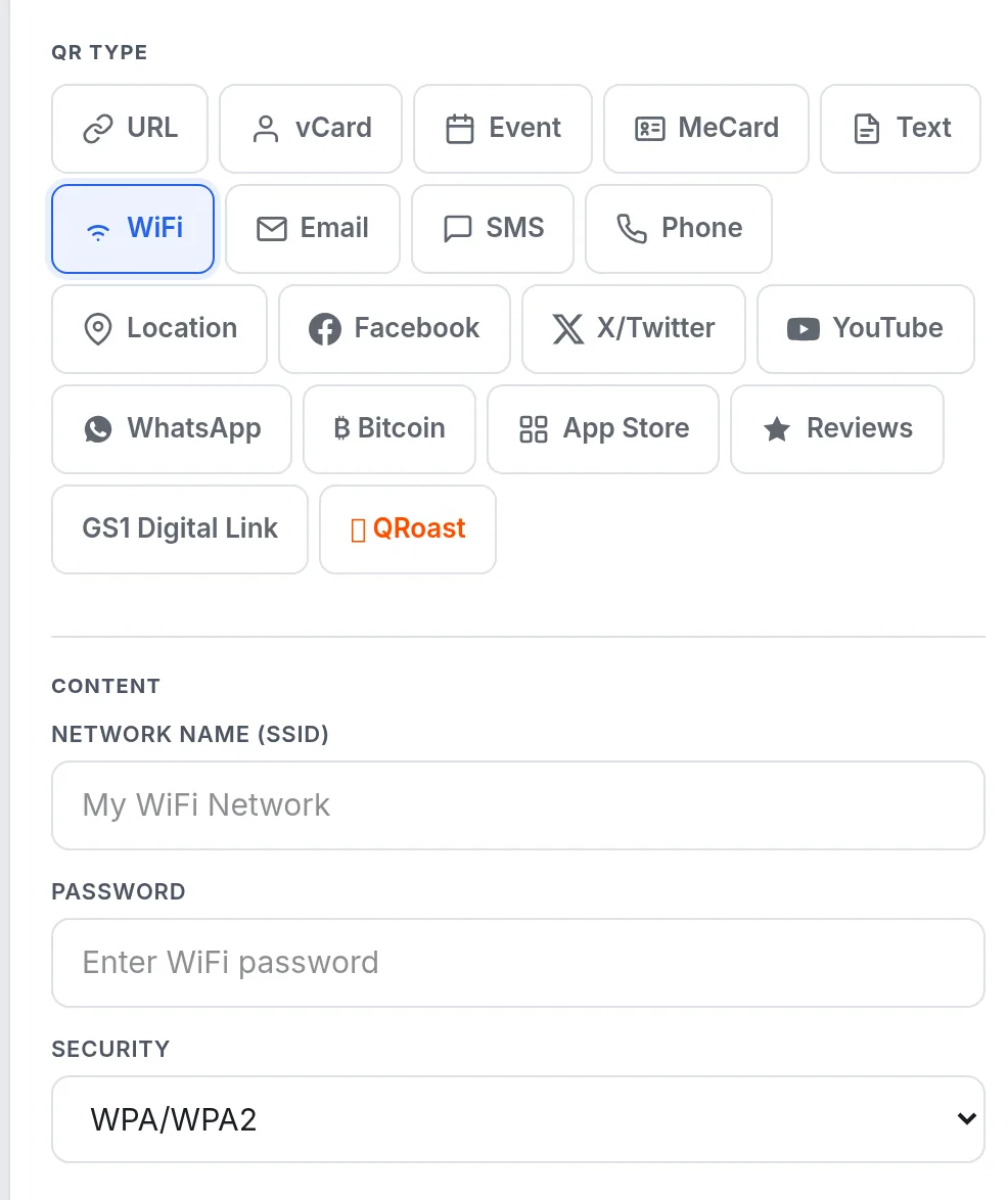 WiFi QR code generator with the WiFi type selected and empty network name, password and security fields